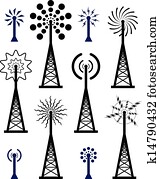 vector radio tower and wave broadcast symbols and icons vector radio tower and wave broadcast symbols and icons