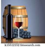 Vector red wine, bottle, glass and old barrel Vector red wine, bottle, glass and old barrel