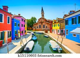 veneza, marco, burano, ilha, canal, coloridos, casas, igreja, e, barcos, itália