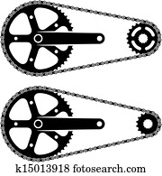 vetorial, cadeia bicicleta, roda dentada, transmissão, silhuetas
