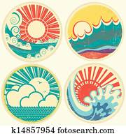 vintage sun and sea waves. Vector icons of illustration of seascape vintage sun and sea waves. Vector icons of illustration of seascape