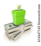 votebox, auf, a, stapel, von, dollar.