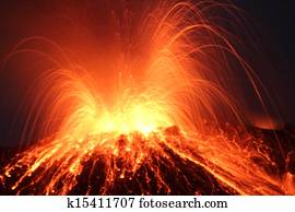 vulcão, erupção, à noite