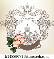 Wedding invitation card with vintage frame and roses Wedding invitation card with vintage frame and roses