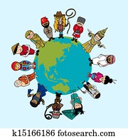 World map, diversity people cartoons with distinctive outfit. Vector file illustration layered for easy editing.