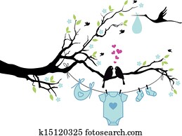 בחור של תינוק, עם, צפרים, ב, tree,, וקטור