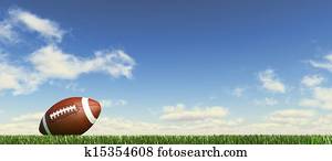 כדורגל אמריקאי, ball,, ב, ה, grass,, עם, נוצי, couds, שמיים, ב, ה, רקע., תמוך, view,, מ, הארק, level,, פנורמי, format.