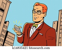 ראטרו, איש, עם, משקפיים, ו, טלפן