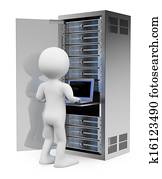3D white people. Engineer in rack network server room