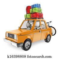 3D white people. Family goes on holiday by car