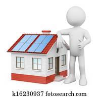 3D white people. House with solar panels 3D white people. House with solar panels