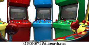 A circle of vintage unbranded arcade games with joysticks and various colored buttons and a blank screen on an isolated white background