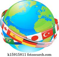 a, erdeglobus, mit, flaggen, von, countri