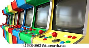 A flat row of vintage unbranded arcade games with joysticks and various colored buttons and a blank screen on an isolated white background