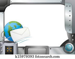 A metal frame template with a globe and an envelope