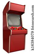 A vintage red unbranded arcade game with a joystick and four various colored buttons and a blank screen on an isolated white background