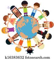 beaucoup, enfants, tenue, leur, mains, autour de, la terre