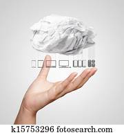 biznesmenis, nodot, demonstrācija, crumpled, avīze, apmākties, computing, diagramma