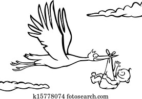 Black and white stork with baby