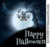 blauwe, halloween, maan, vleermuis, achtergrond