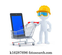 Builder with shopping cart and blank screen tablet