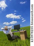Business Man Businessman Working Desk Green Field