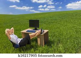 Business Woman Relaxing Office Desk Green Field