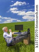Businessman Relaxing Drinking Coffee Tea Green Field Desk