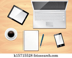 bürotisch, draufsicht, foto, realistisch, vektor