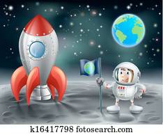 Cartoon astronaut and vintage space rocket on the moon Cartoon astronaut and vintage space rocket on the moon