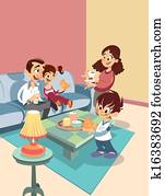 Cartoon family at the living-room