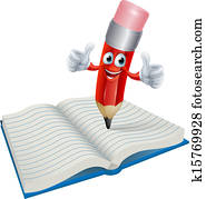 Cartoon Pencil Man Writing in Book Cartoon Pencil Man Writing in Book