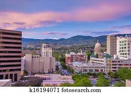 centro cidade, boise, idaho, apenas, após, sundown, com, capital, predios