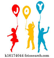 Children holding balloons with Joy message Children holding balloons with Joy message