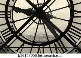 Clock and view of Montmartre, Paris, Ile de France, France Clock and view of Montmartre, Paris, Ile de France, France