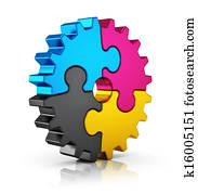 CMYK, quebra-cabeça, engrenagem