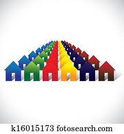 Concept vector community living - colorful houses or homes in rows. The graphic contains home icons or signs in red, orange, yellow, blue, pink and other vivid and vibrant colors