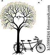 coração, árvore, com, pássaros, e, bicicleta