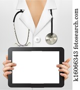 Doctor with stethoscope holding blank digital tablet. Vector illustration