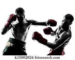 dois homens, exercitar, tailandês, boxe, silueta