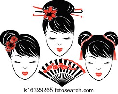 drei, porträts, von, asiatische frauen