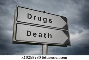 Drugs Death concept road sign. Drugs Death concept road sign.
