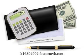 dusmīgs, checkbook, ar, apstādināt, kalkulators, un, dollars., vector, illustration.