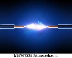 elétrico, faísca, entre, dois, isolado, cobre, fios