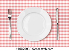 empty dinner plate top view on pink picnic table cloth empty dinner plate top view on pink picnic table cloth