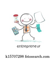 entrepreneur holding a calculator, money, hourglass, documents