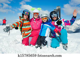 esquiando, inverno, fun., família feliz