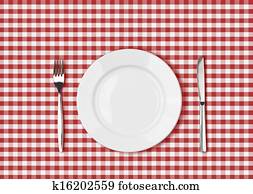 faca, prato branco, e, garfo, ligado, vermelho, tabela piquenique, pano