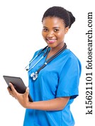 female african american medical nurse with tablet computer