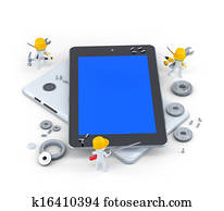 Group of construction workers with tablet computer